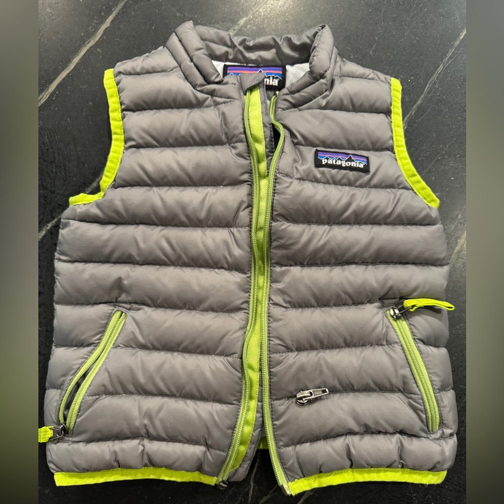 Patagonia Gray Down Vest with Neon Green Detail